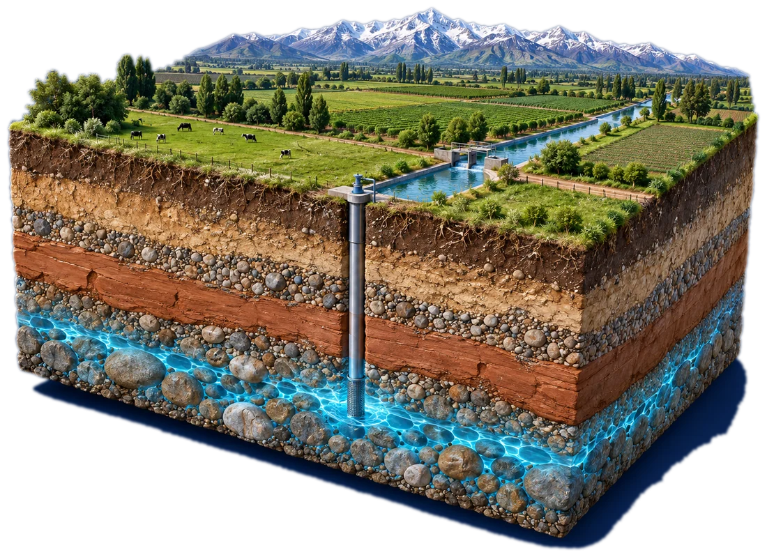 Corte del suelo del valle del Maule mostrando las capas del subsuelo, un pozo y el acuífero con agua subterránea
